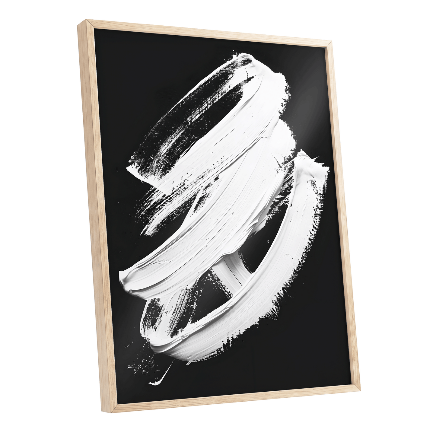 Ivory Ascending, black, white, gray abstract wall art shown as a oak framed poster wall art print