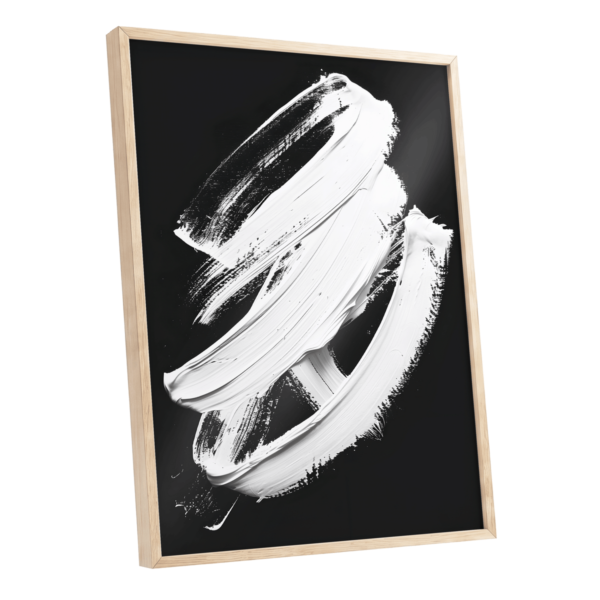 Ivory Ascending, black, white, gray abstract wall art shown as a oak framed poster wall art print