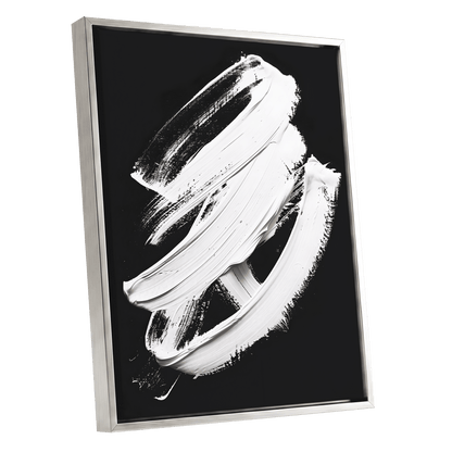 Ivory Ascending, black, white, gray abstract wall art shown as a silver framed canvas wall art