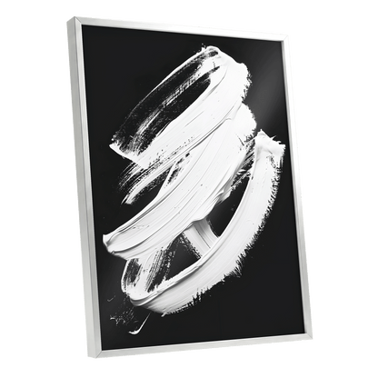 Ivory Ascending, black, white, gray abstract wall art shown as a silver framed poster wall art print