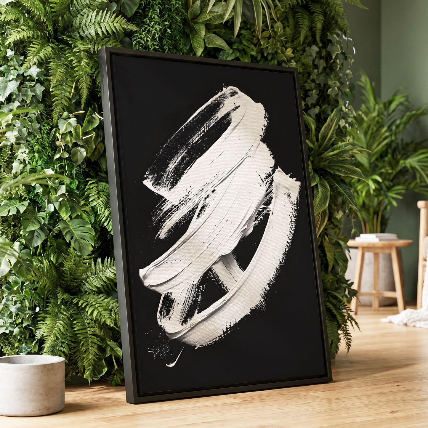 Ivory Ascending, black, white, gray abstract wall art displayed in a styled interior, gallery view 1