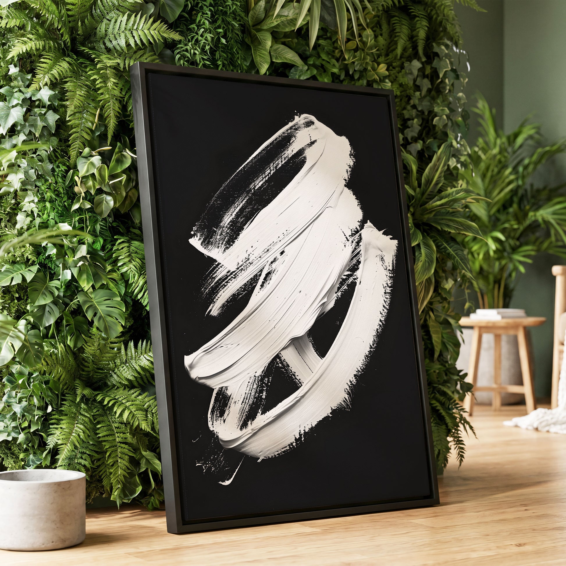 Ivory Ascending, black, white, gray abstract wall art displayed in a styled interior, gallery view 1