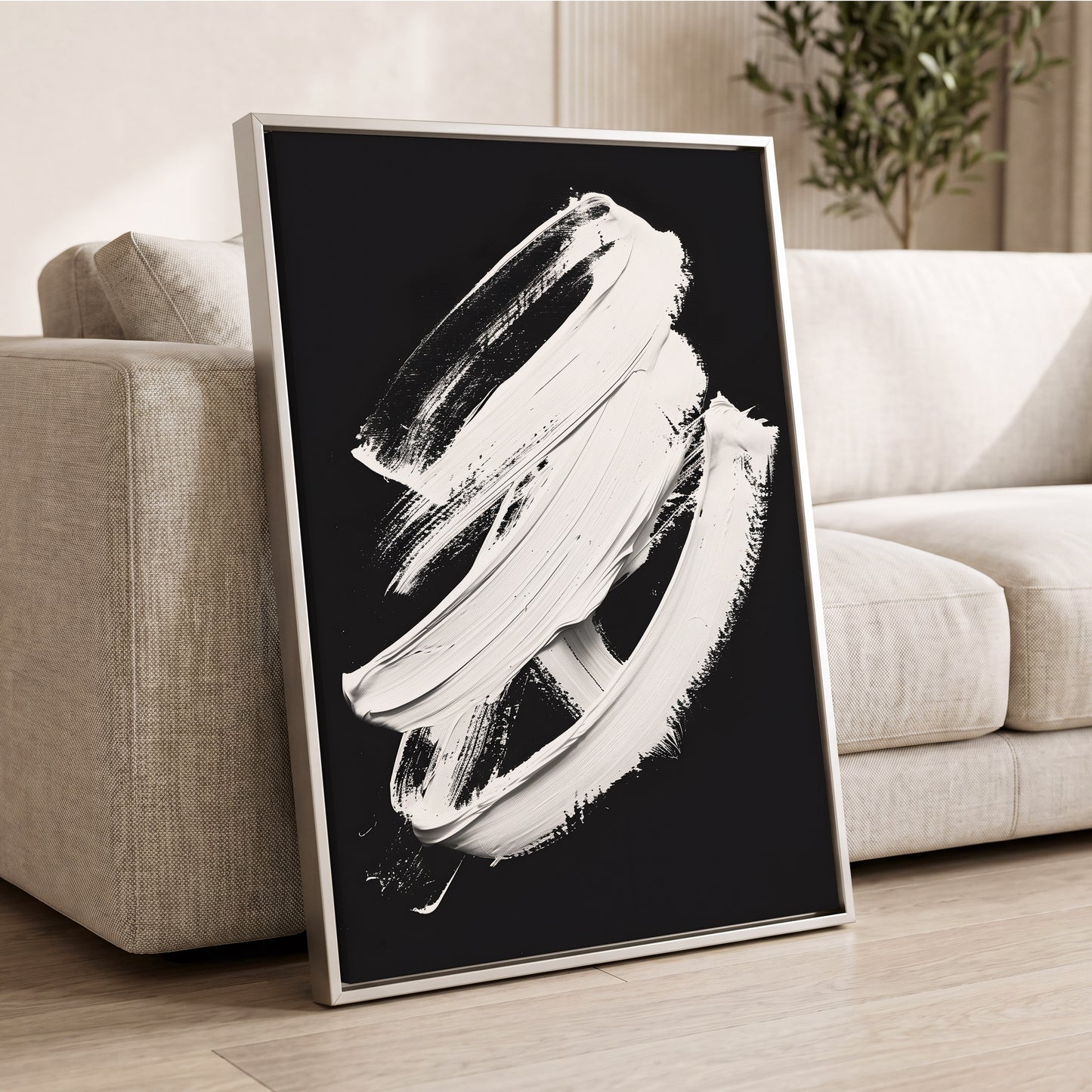 Ivory Ascending, black, white, gray abstract wall art displayed in a styled interior, gallery view 2