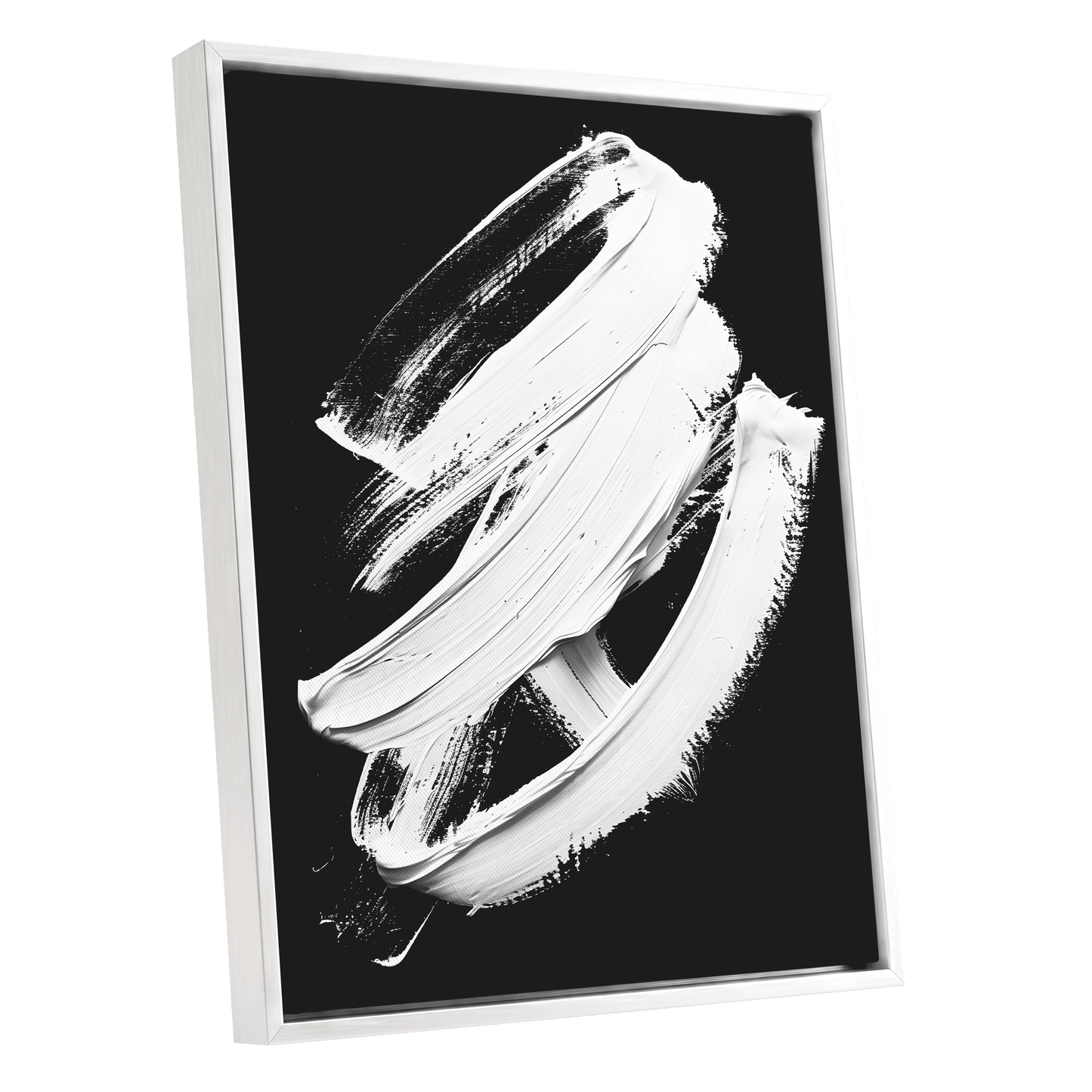 Ivory Ascending, black, white, gray abstract wall art shown as a white framed canvas wall art