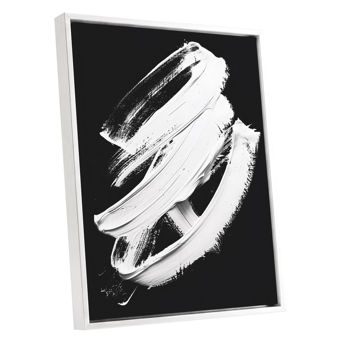 Ivory Ascending, black, white, gray abstract wall art shown as a white framed canvas wall art