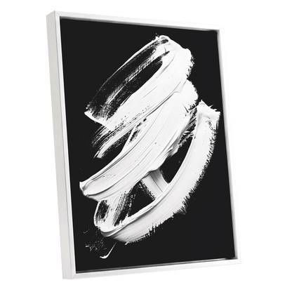 Ivory Ascending, black, white, gray abstract wall art shown as a white framed canvas wall art