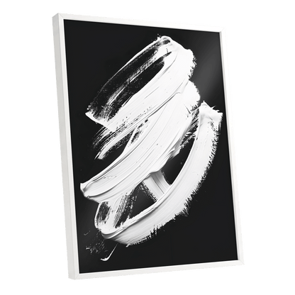 Ivory Ascending, black, white, gray abstract wall art shown as a white framed poster wall art print