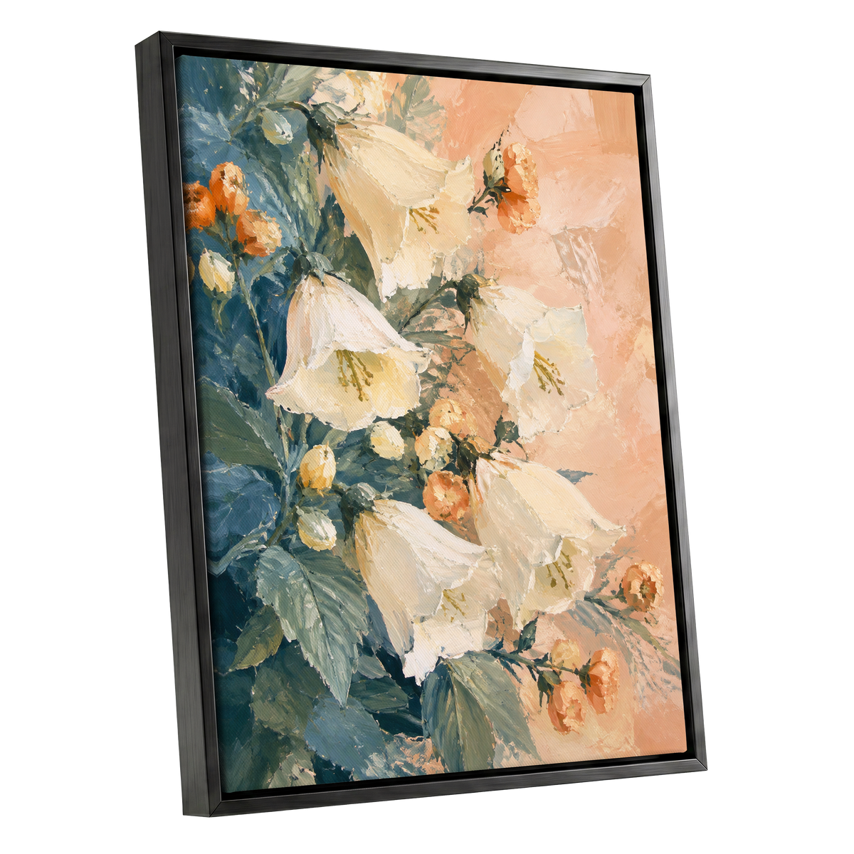 Ivory Bloom Cascade, white, beige, orange floral wall art shown as a black framed canvas wall art