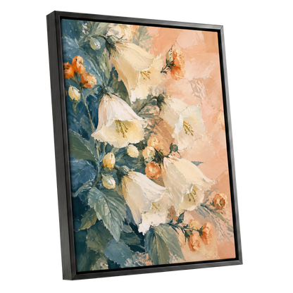 Ivory Bloom Cascade, white, beige, orange floral wall art shown as a black framed canvas wall art