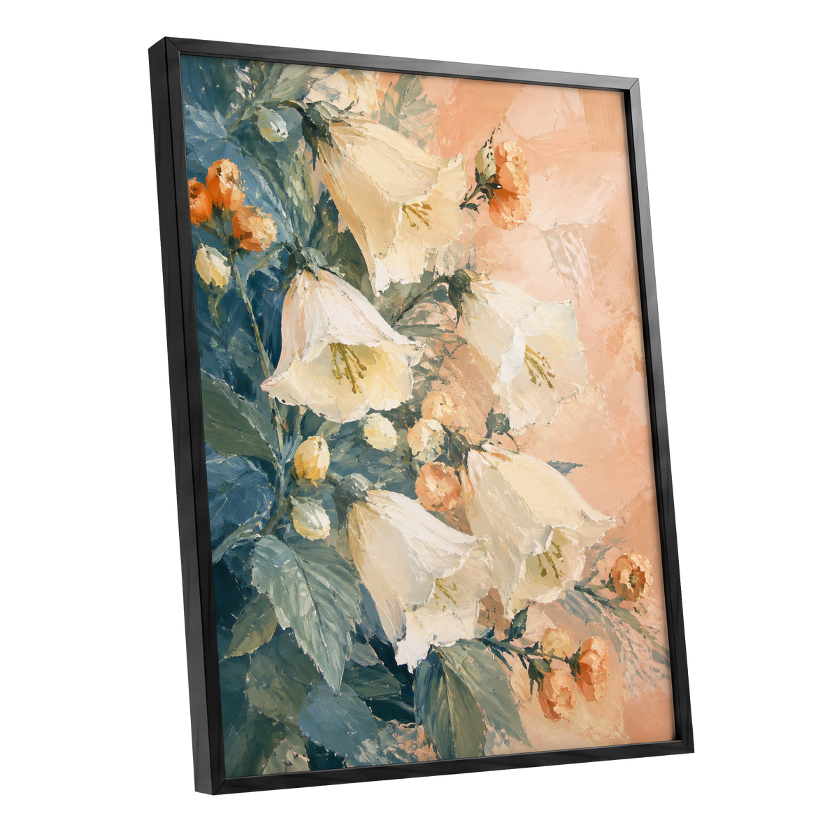 Ivory Bloom Cascade, white, beige, orange floral wall art shown as a black framed poster wall art print