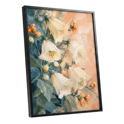 Ivory Bloom Cascade, white, beige, orange floral wall art shown as a black framed poster wall art print