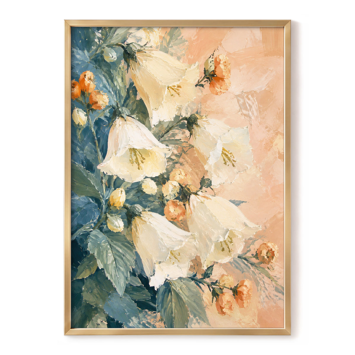 Ivory Bloom Cascade, white, beige, orange floral wall art, front artwork view