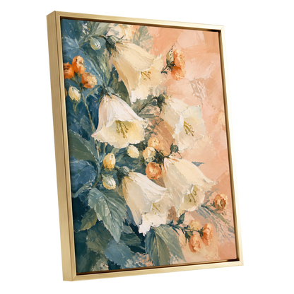 Ivory Bloom Cascade, white, beige, orange floral wall art shown as a gold framed canvas wall art