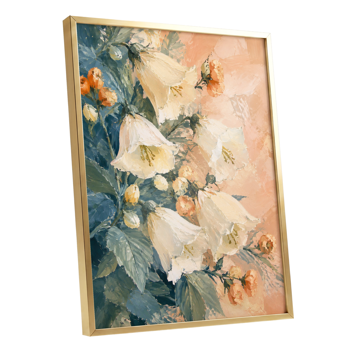 Ivory Bloom Cascade, white, beige, orange floral wall art shown as a gold framed poster wall art print