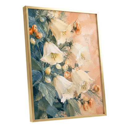Ivory Bloom Cascade, white, beige, orange floral wall art shown as a gold framed poster wall art print