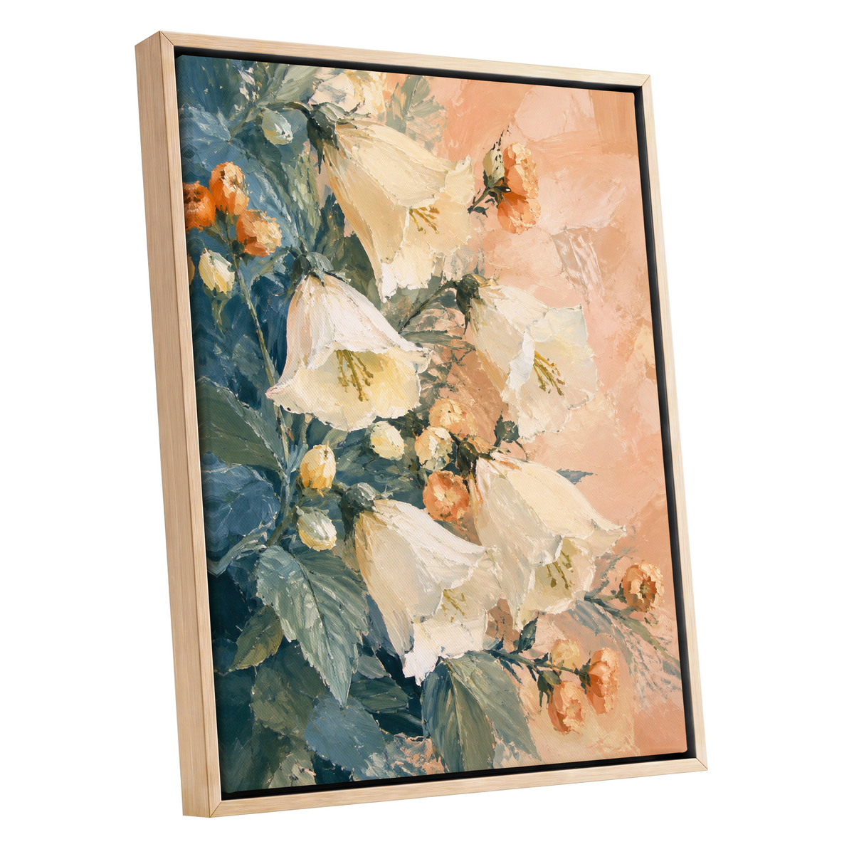 Ivory Bloom Cascade, white, beige, orange floral wall art shown as a oak framed canvas wall art