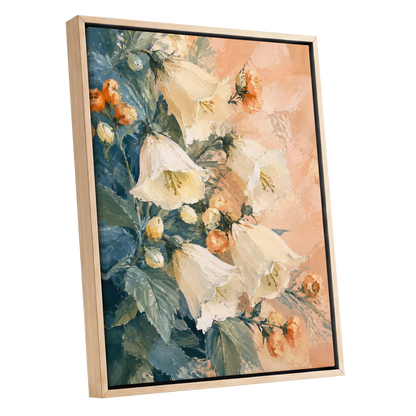 Ivory Bloom Cascade, white, beige, orange floral wall art shown as a oak framed canvas wall art