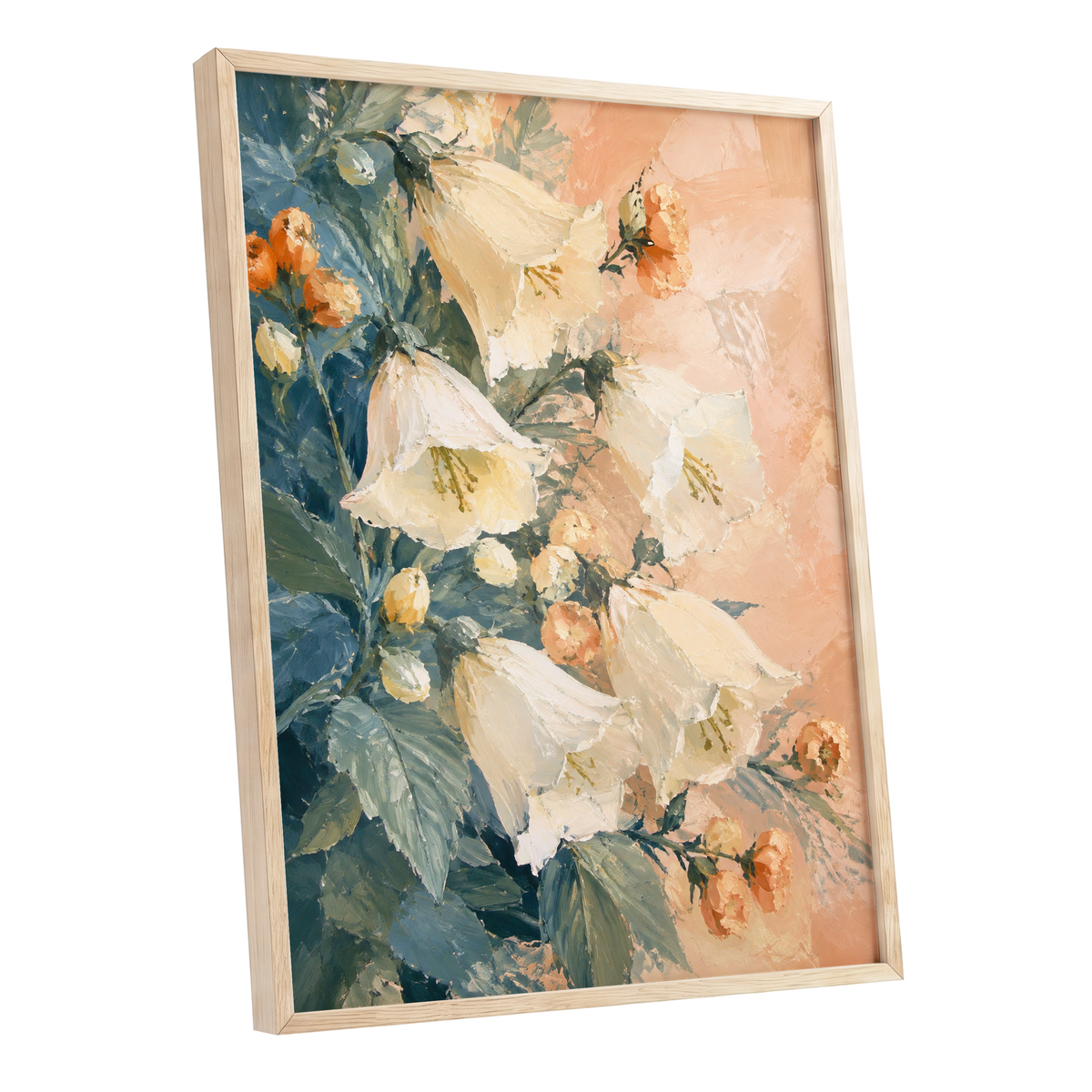 Ivory Bloom Cascade, white, beige, orange floral wall art shown as a oak framed poster wall art print