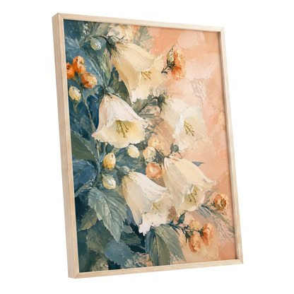 Ivory Bloom Cascade, white, beige, orange floral wall art shown as a oak framed poster wall art print