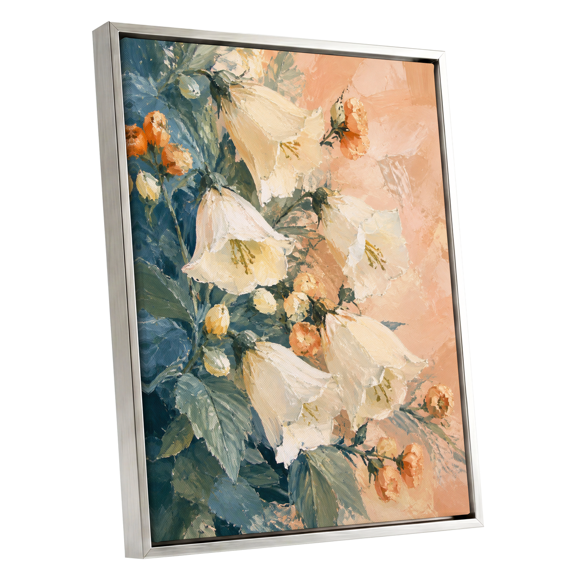 Ivory Bloom Cascade, white, beige, orange floral wall art shown as a silver framed canvas wall art
