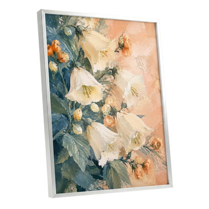 Ivory Bloom Cascade, white, beige, orange floral wall art shown as a silver framed poster wall art print