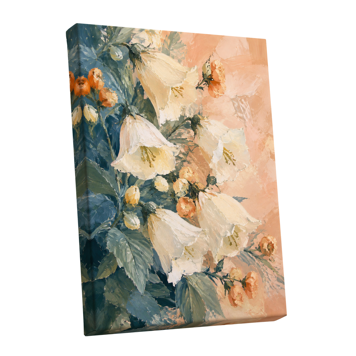 Ivory Bloom Cascade, white, beige, orange floral wall art shown as a stretched canvas wall art