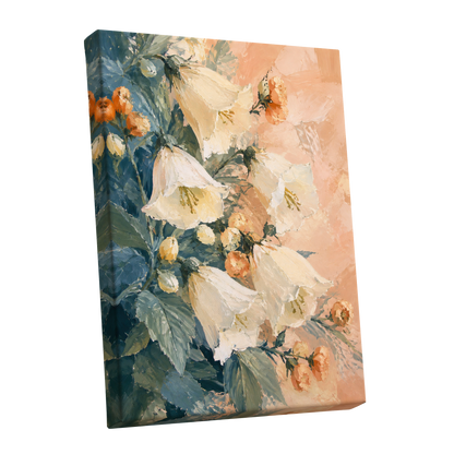 Ivory Bloom Cascade, white, beige, orange floral wall art shown as a stretched canvas wall art