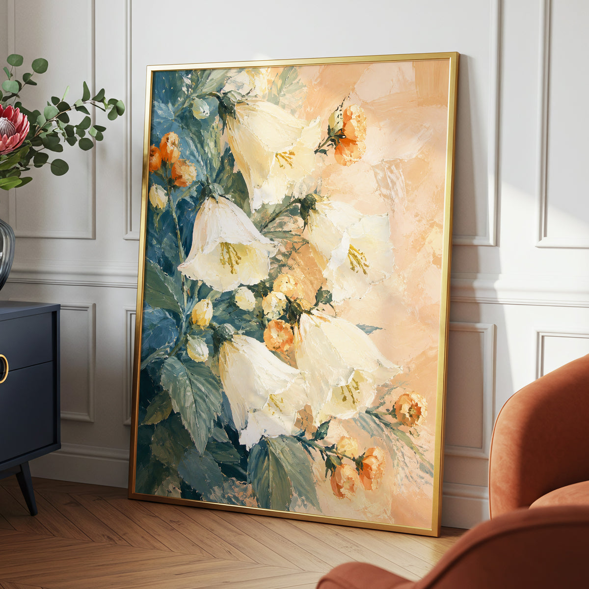 Ivory Bloom Cascade, white, beige, orange floral wall art displayed in a styled interior, gallery view 2