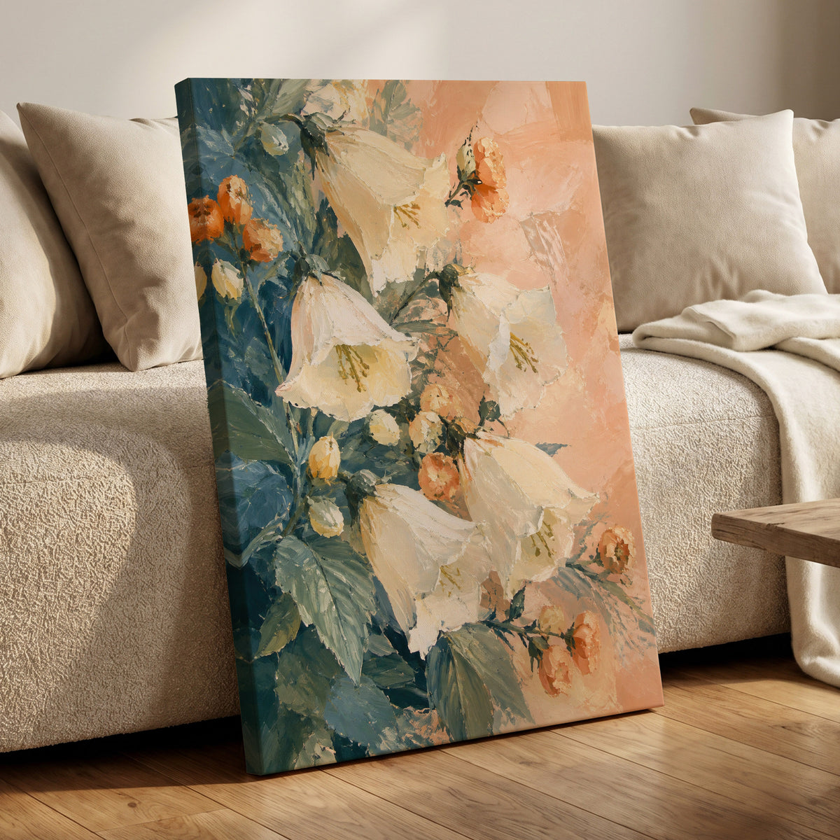 Ivory Bloom Cascade, white, beige, orange floral wall art displayed in a styled interior, gallery view 3