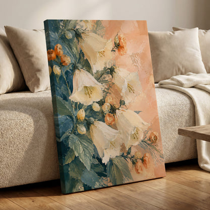 Ivory Bloom Cascade, white, beige, orange floral wall art displayed in a styled interior, gallery view 3