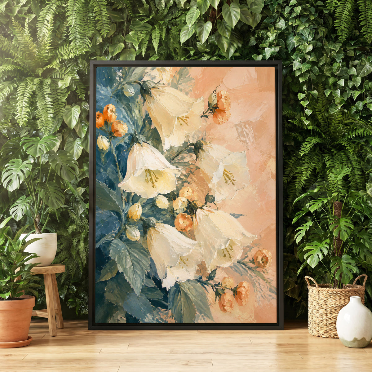 Ivory Bloom Cascade, white, beige, orange floral wall art displayed in a styled interior, gallery view 4