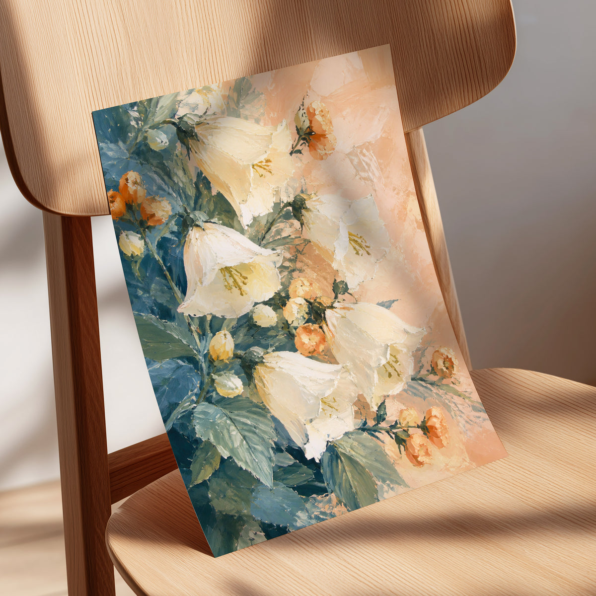 Ivory Bloom Cascade, white, beige, orange floral wall art displayed in a styled interior, gallery view 5