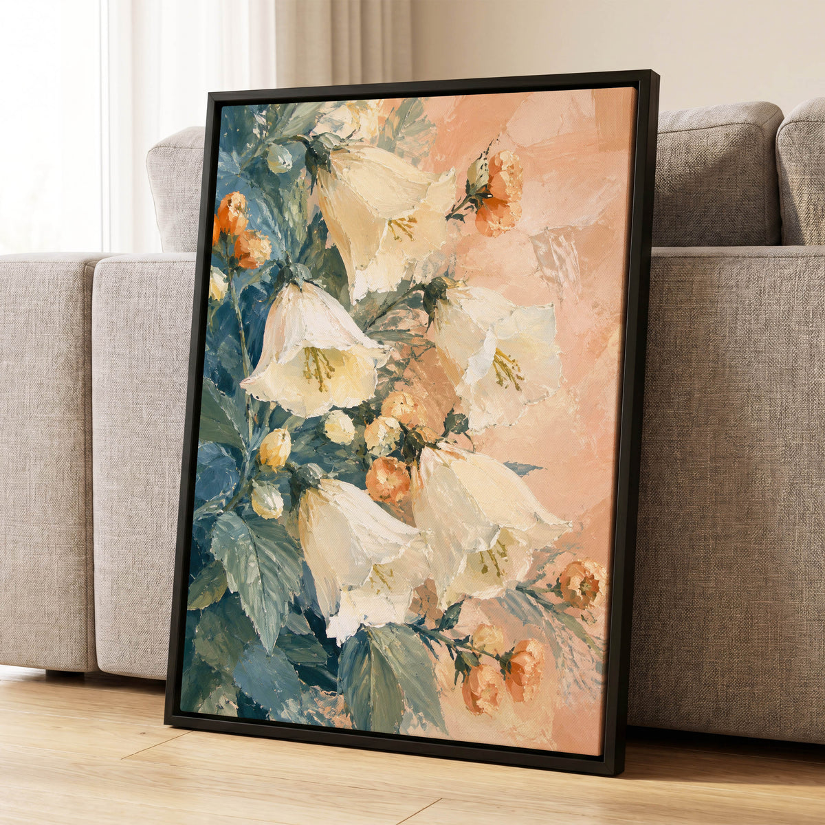 Ivory Bloom Cascade, white, beige, orange floral wall art displayed in a styled interior, gallery view 8