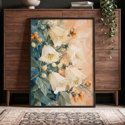 Ivory Bloom Cascade, white, beige, orange floral wall art displayed in a styled interior, gallery view 9