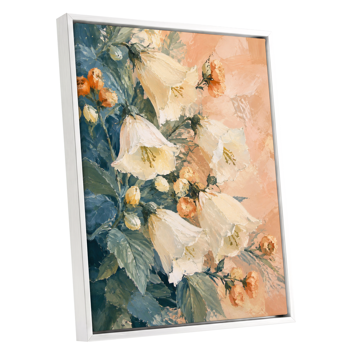 Ivory Bloom Cascade, white, beige, orange floral wall art shown as a white framed canvas wall art