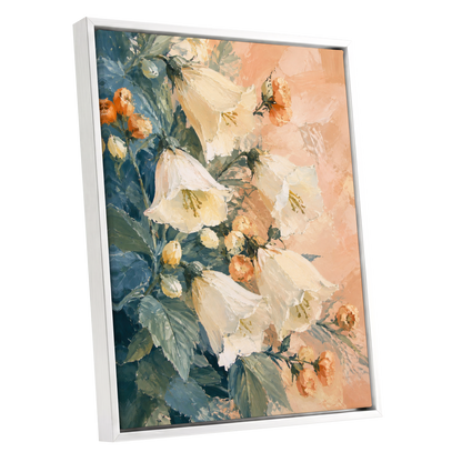 Ivory Bloom Cascade, white, beige, orange floral wall art shown as a white framed canvas wall art