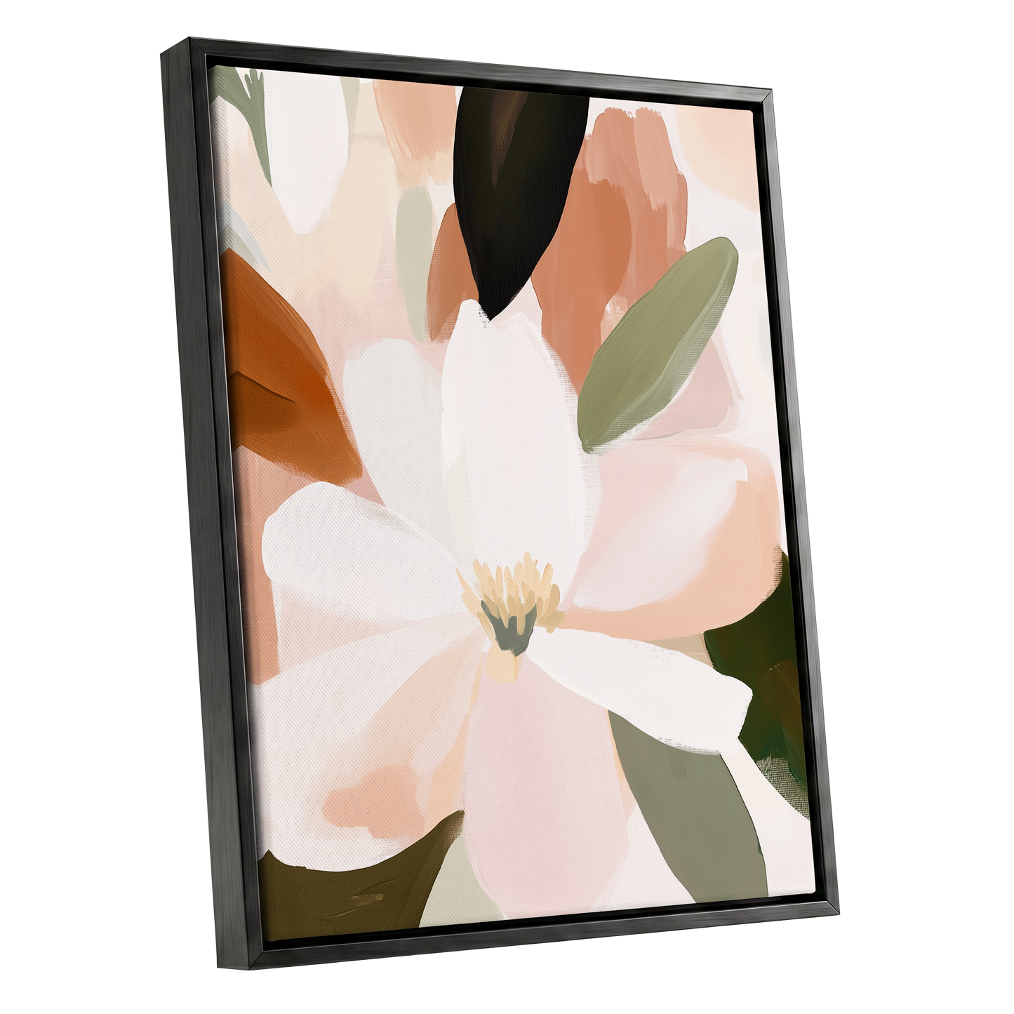 Ivory Bloom Collage, white, pink, green floral wall art shown as a black framed canvas wall art
