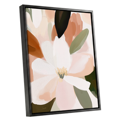 Ivory Bloom Collage, white, pink, green floral wall art shown as a black framed canvas wall art