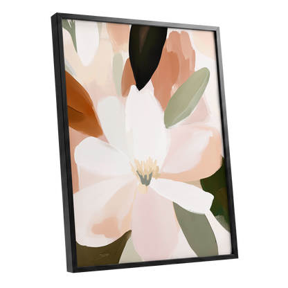 Ivory Bloom Collage, white, pink, green floral wall art shown as a black framed poster wall art print