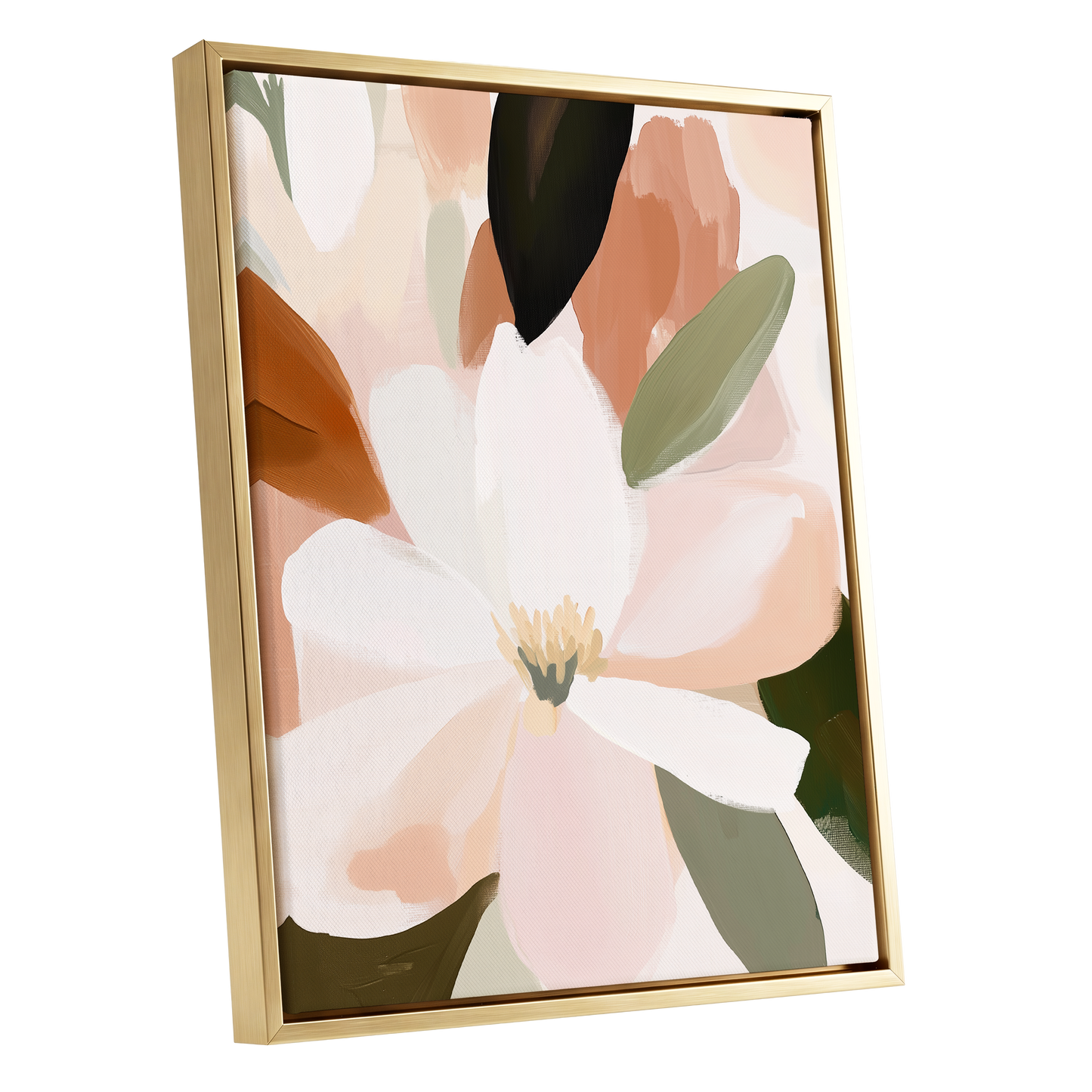 Ivory Bloom Collage, white, pink, green floral wall art shown as a gold framed canvas wall art