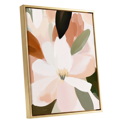 Ivory Bloom Collage, white, pink, green floral wall art shown as a gold framed canvas wall art