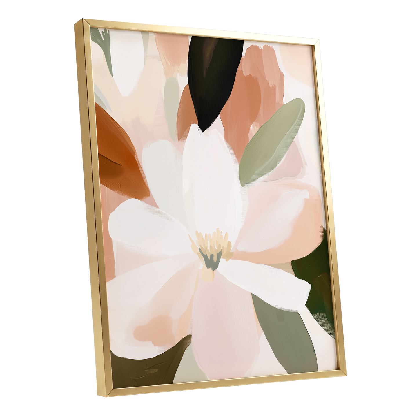 Ivory Bloom Collage, white, pink, green floral wall art shown as a gold framed poster wall art print