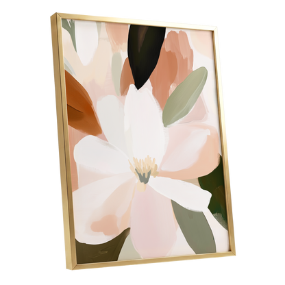 Ivory Bloom Collage, white, pink, green floral wall art shown as a gold framed poster wall art print