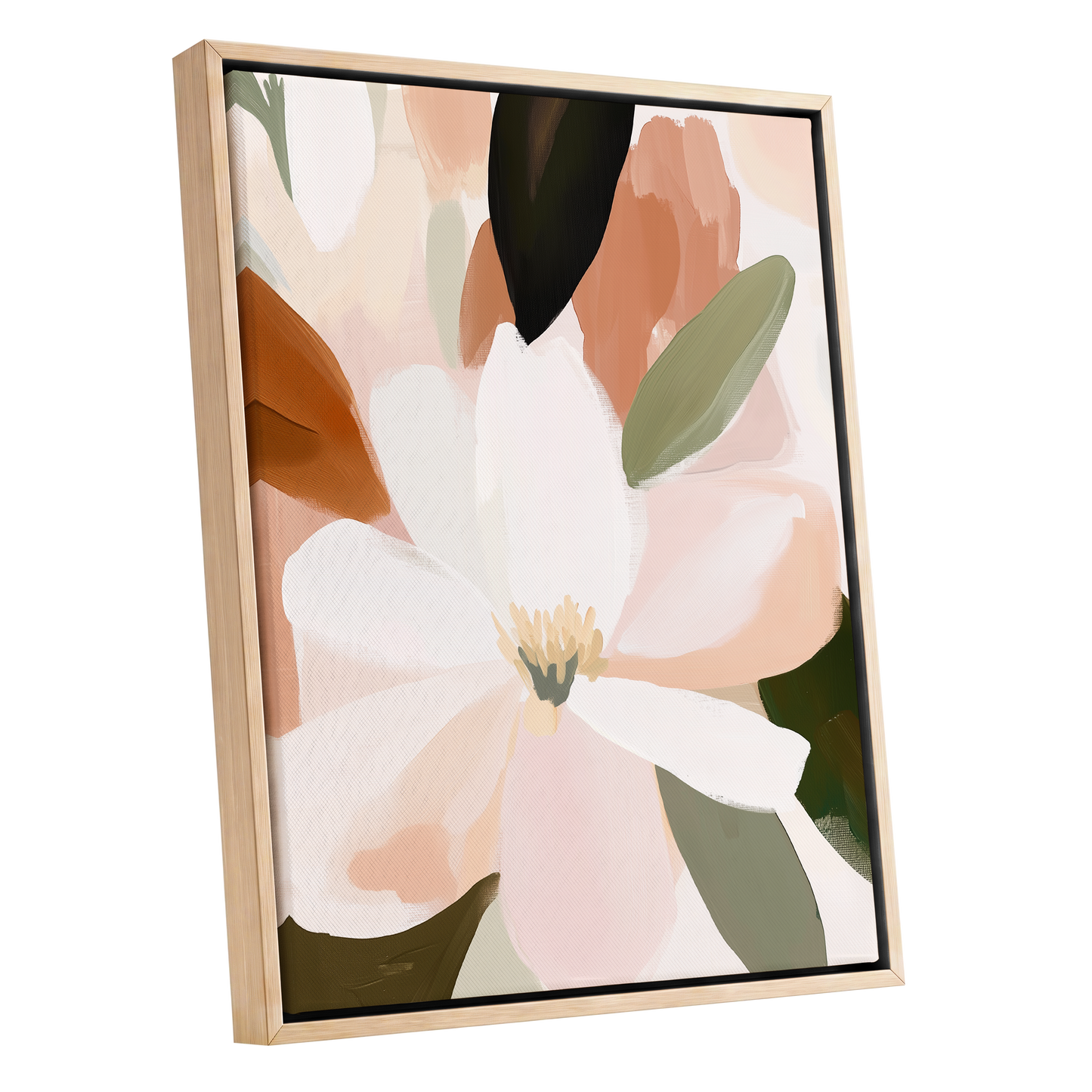 Ivory Bloom Collage, white, pink, green floral wall art shown as a oak framed canvas wall art