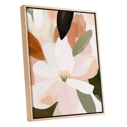 Ivory Bloom Collage, white, pink, green floral wall art shown as a oak framed canvas wall art
