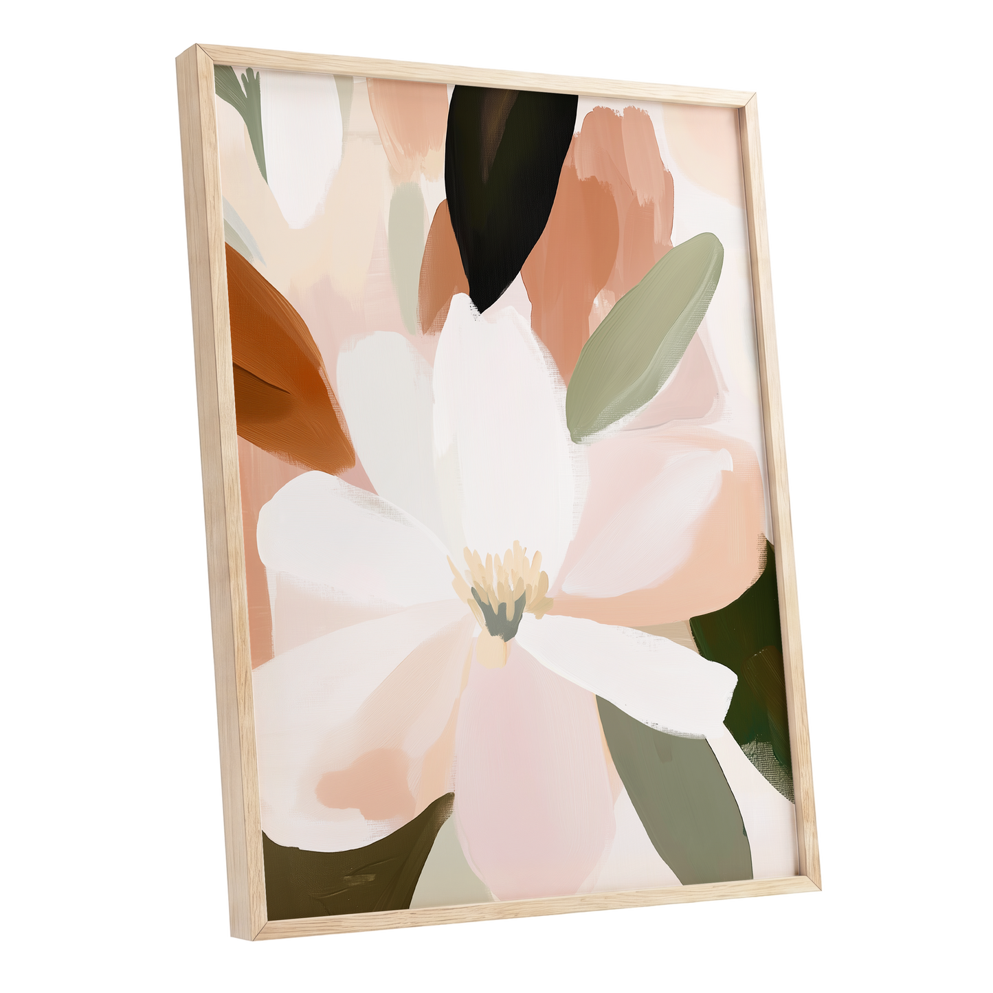 Ivory Bloom Collage, white, pink, green floral wall art shown as a oak framed poster wall art print