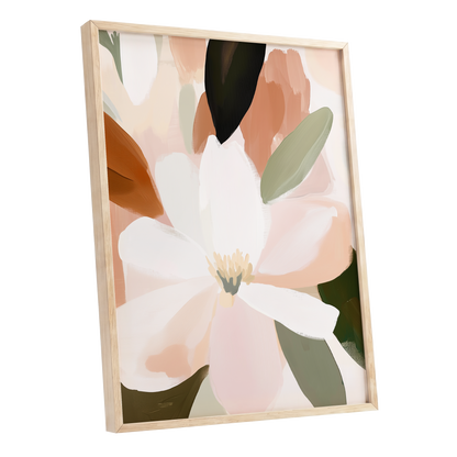 Ivory Bloom Collage, white, pink, green floral wall art shown as a oak framed poster wall art print