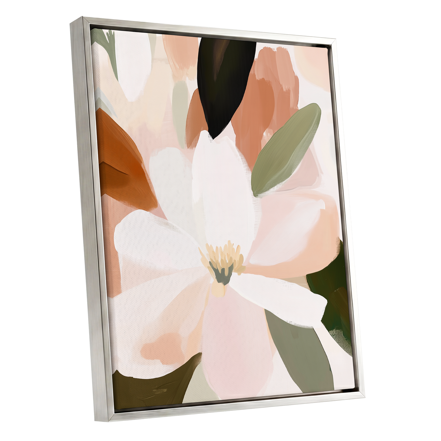 Ivory Bloom Collage, white, pink, green floral wall art shown as a silver framed canvas wall art