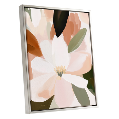 Ivory Bloom Collage, white, pink, green floral wall art shown as a silver framed canvas wall art