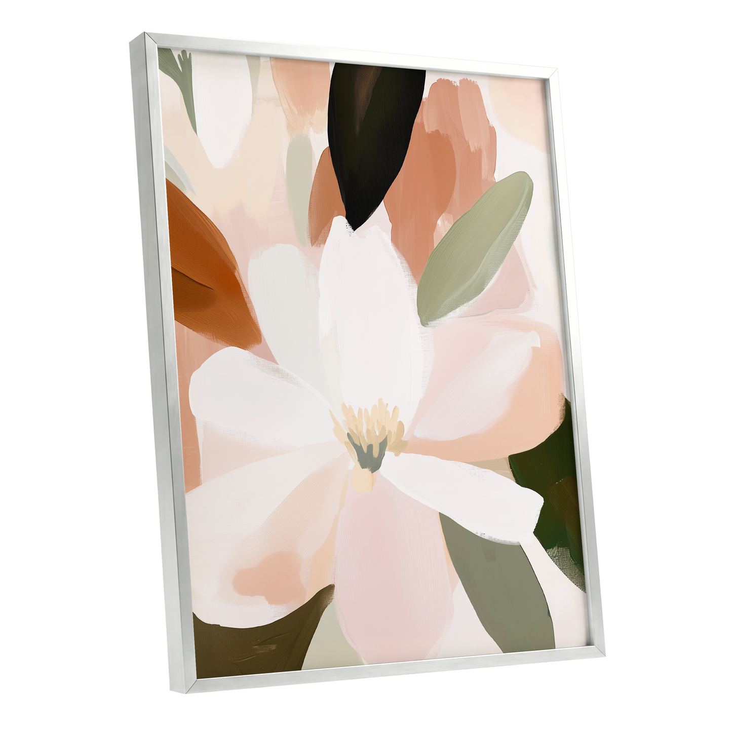 Ivory Bloom Collage, white, pink, green floral wall art shown as a silver framed poster wall art print